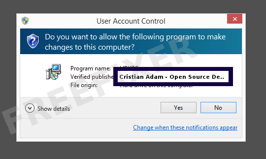 Screenshot where Cristian Adam - Open Source Developer appears as the verified publisher in the UAC dialog